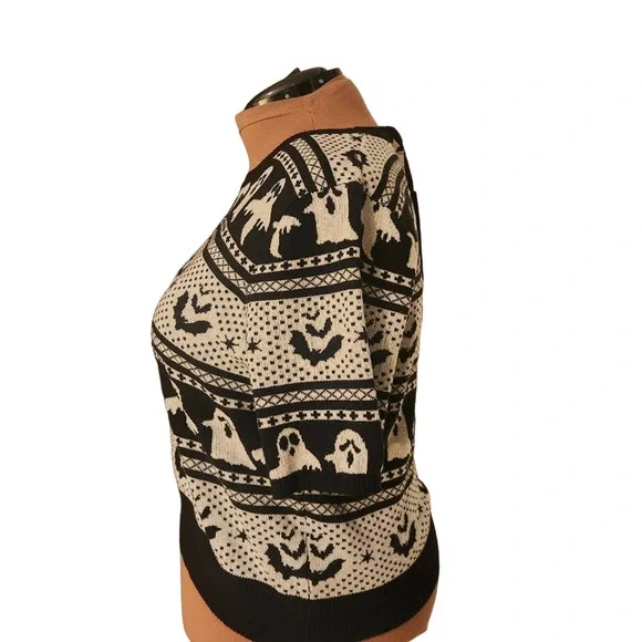 NWT Unique Vintage Black Black & Grey Ghost Delight Fair Isle Knit Top 3x - Picture 6 of 9